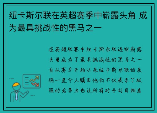 纽卡斯尔联在英超赛季中崭露头角 成为最具挑战性的黑马之一