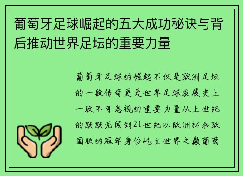 葡萄牙足球崛起的五大成功秘诀与背后推动世界足坛的重要力量